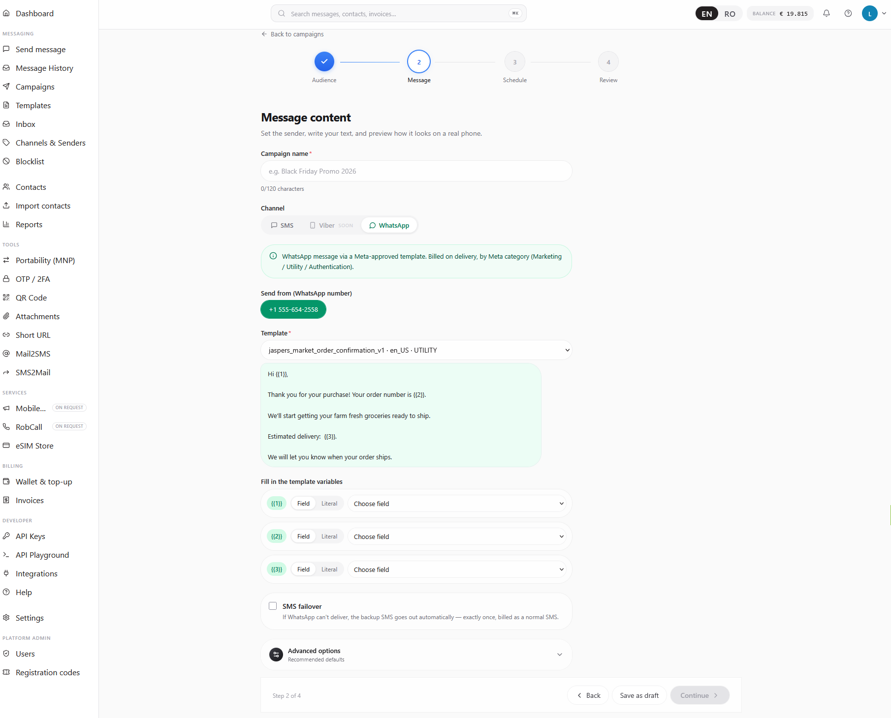 Campanie WhatsApp cu template și variabile în sendSMS