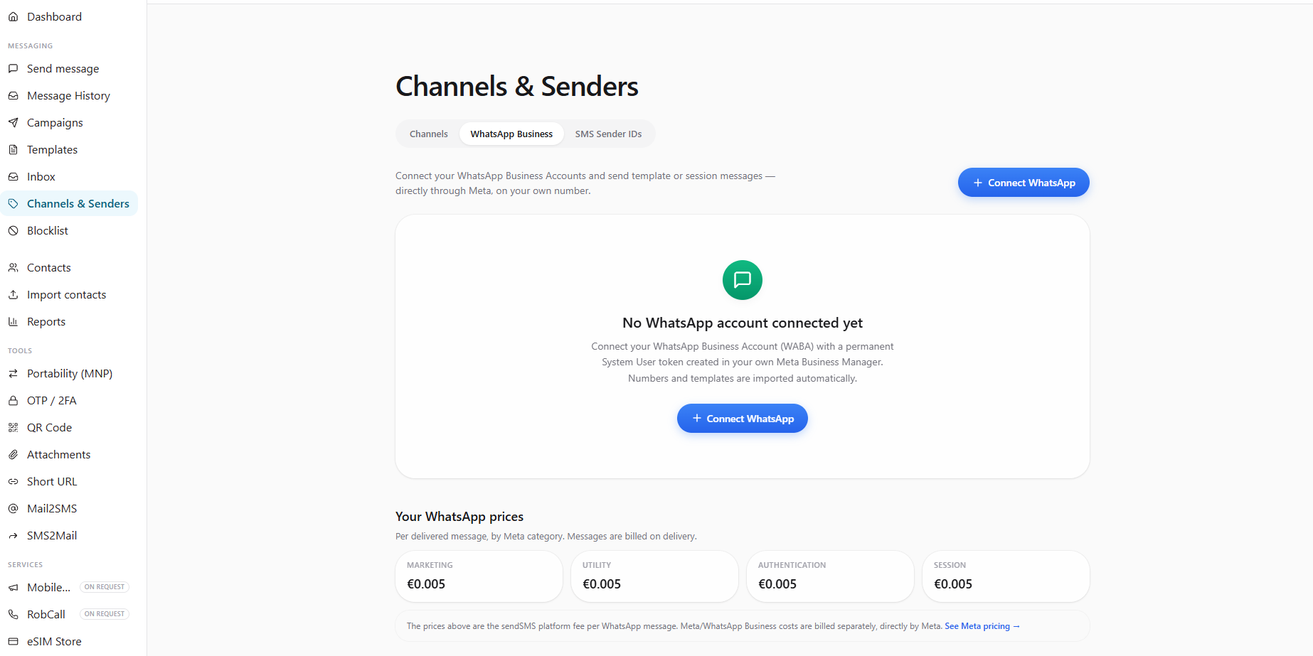 Conectarea contului WhatsApp Business în sendSMS