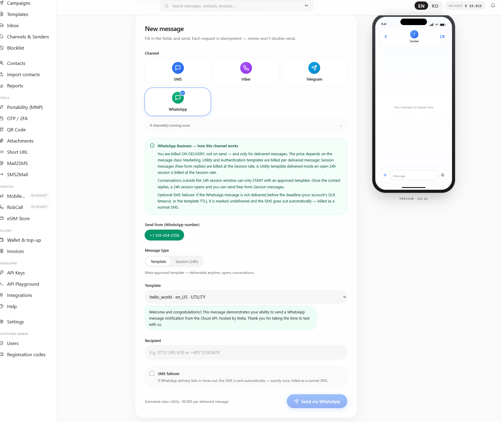 Trimitere mesaj WhatsApp individual cu previzualizare live
